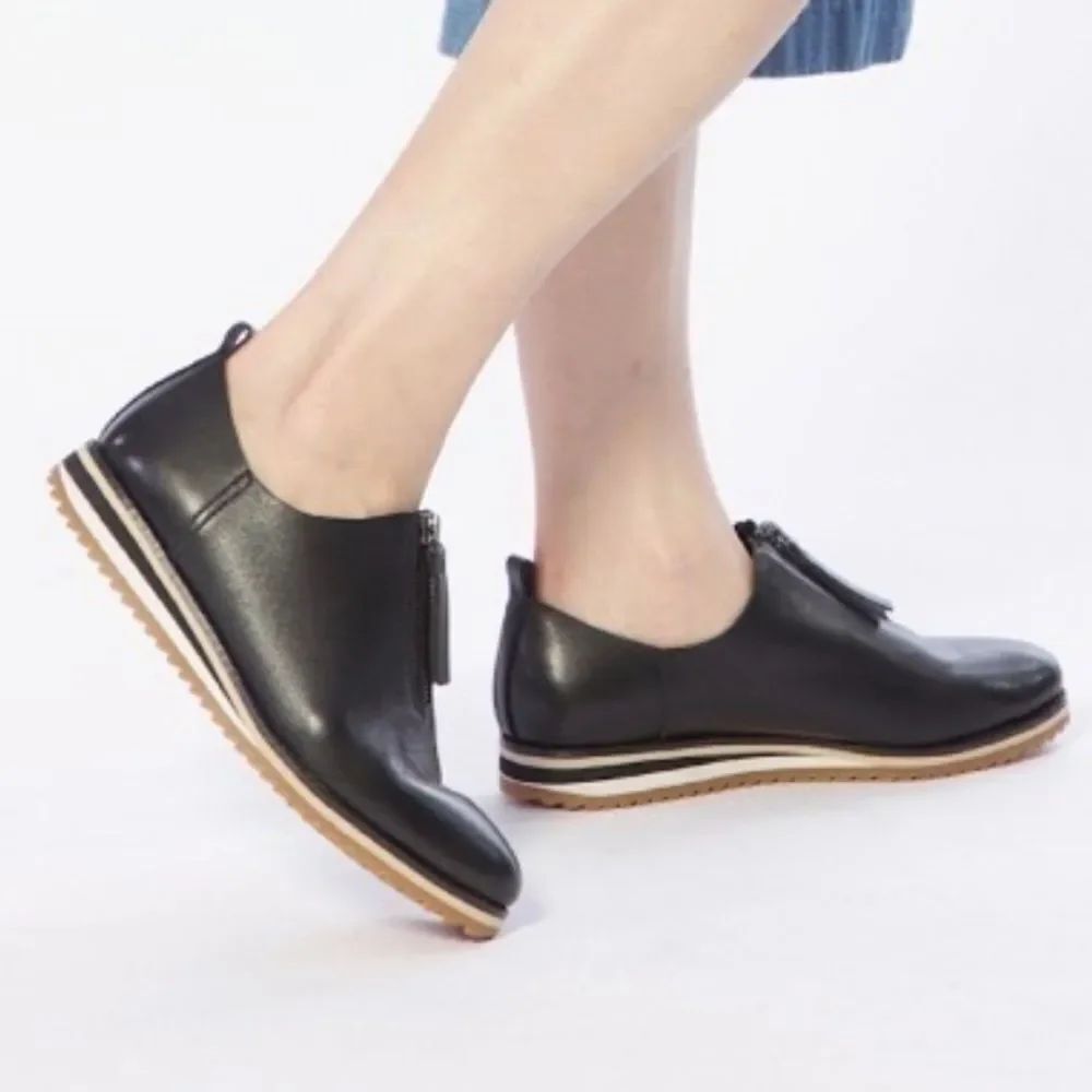 All Black Anthropologie Black Leather Zip Vamp Slip On Sneaker Loafer